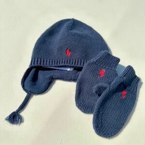 Ralph Lauren Baby Knit Hat w Ear Flaps and Mittens OS 9-24mo Navy Infant Boy